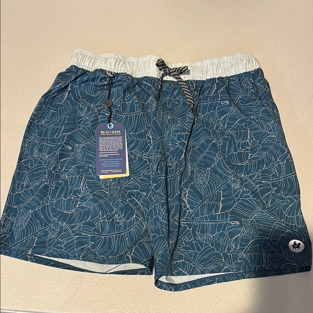 Blue and White Swim Trunks with Elastic Waistband